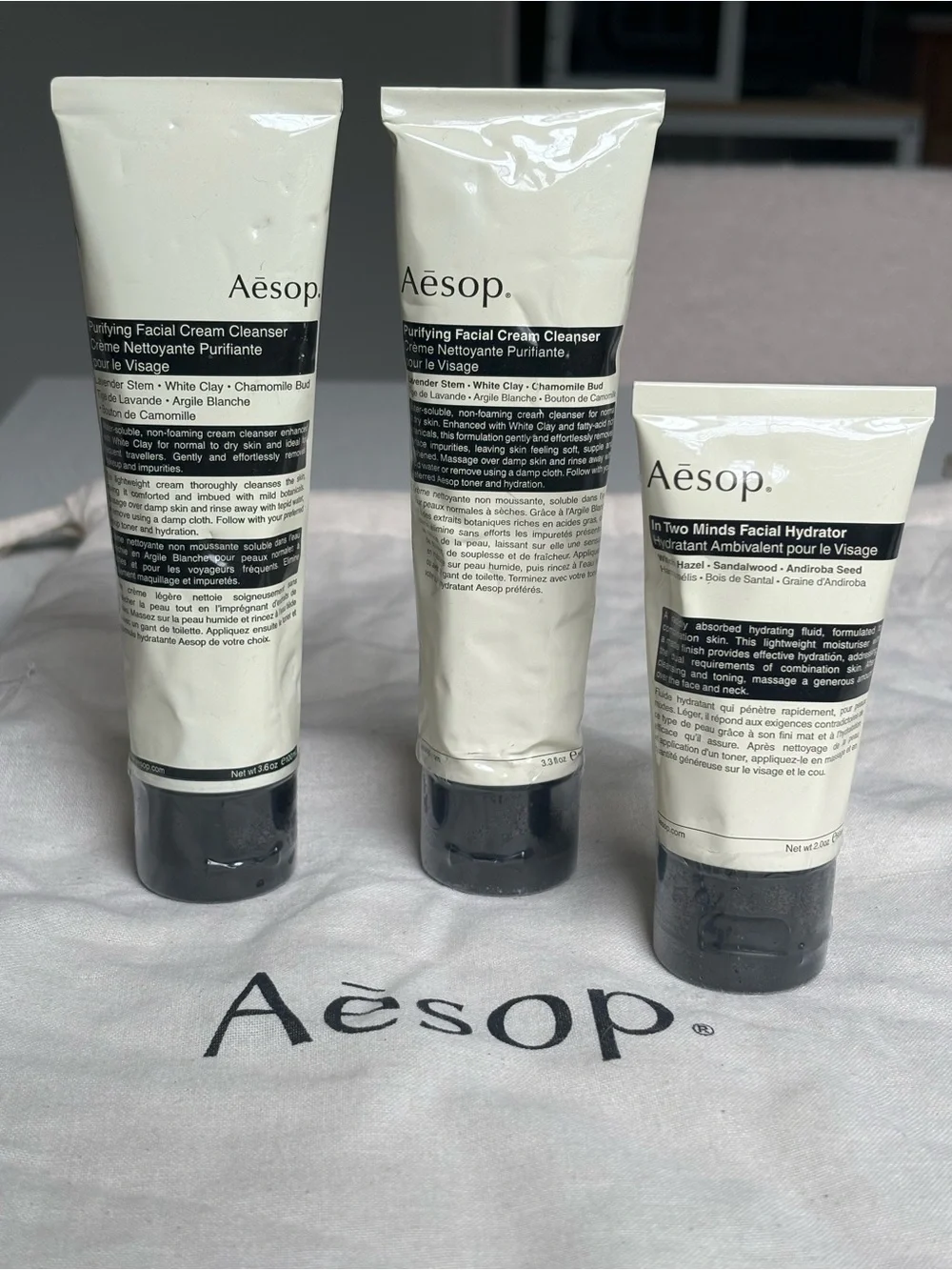 NWT Aesop Facial Cream Cleansers x 2 & In Two Minds Facial Hydrator w/ cloth bag